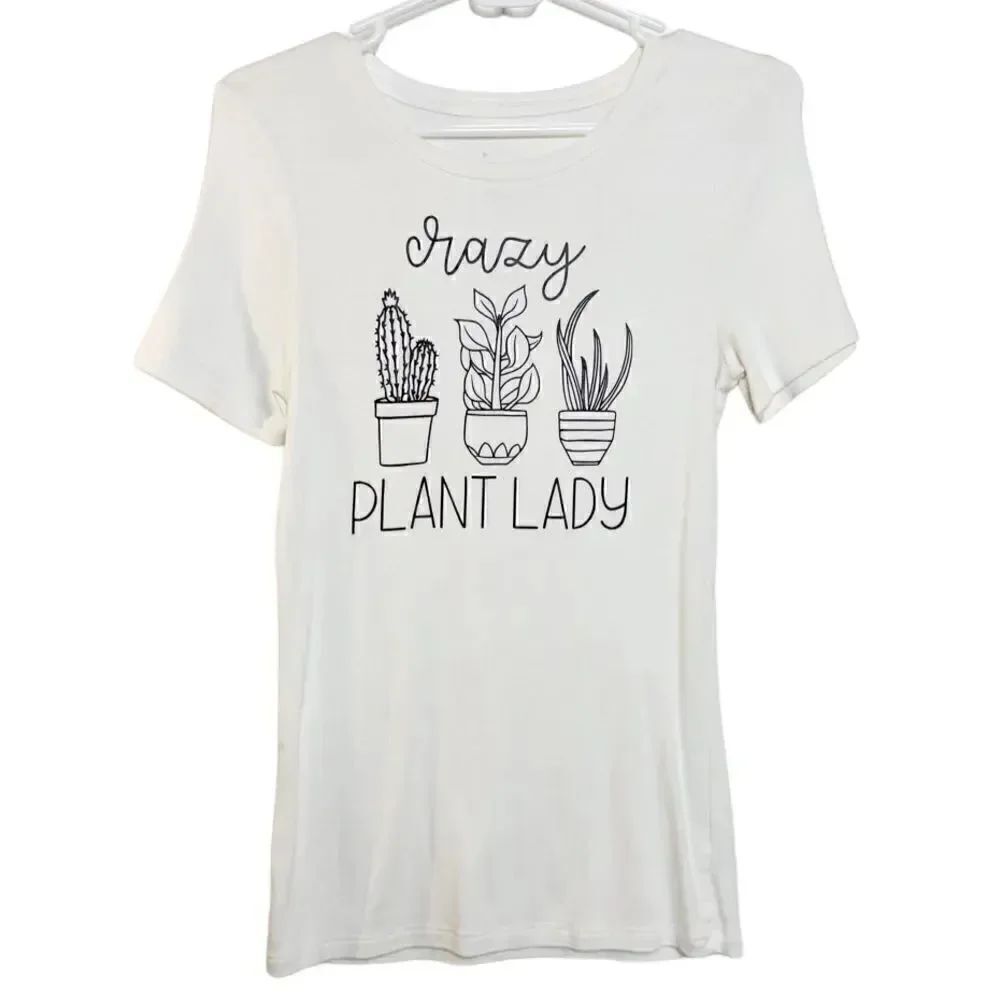 a new day Crazy Plant Lady Short Sleeve Shirt White & Black Small